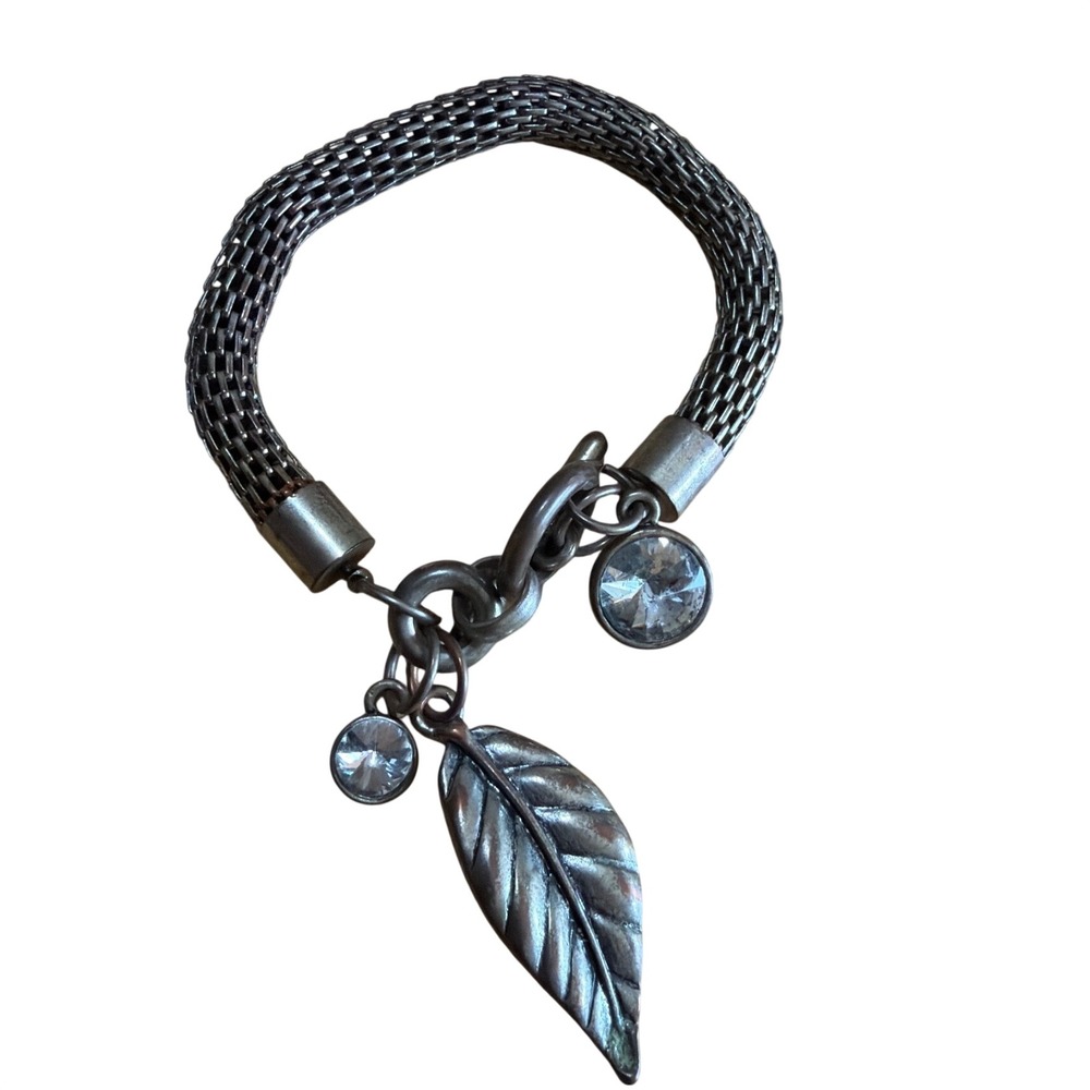 Vintage Style Silver Tone Mesh Bracelet with Leaf Crystal Charms Whimsical